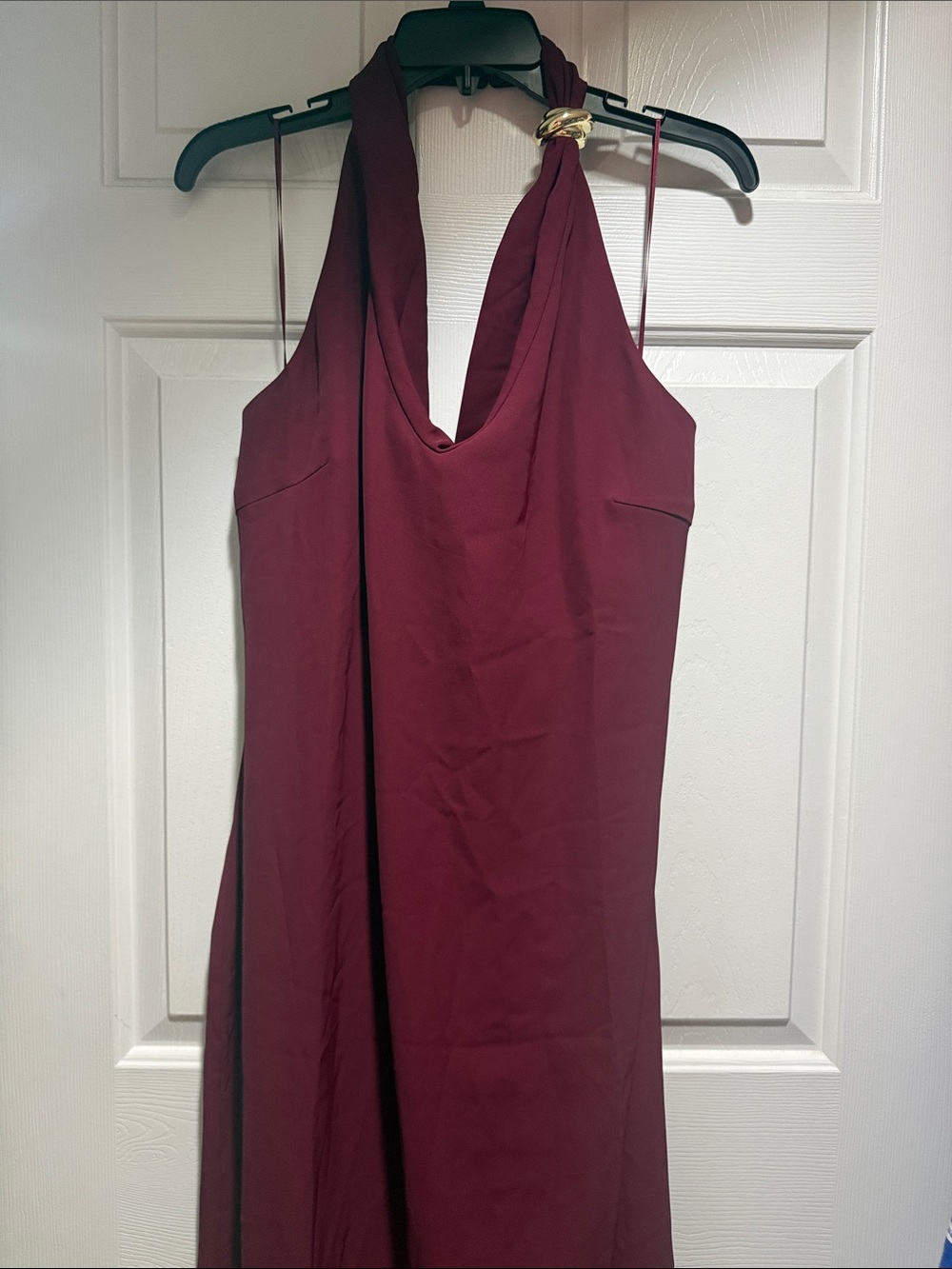Astr Strapless Cowl-Neck Dress in Burgundy with Gold Accent